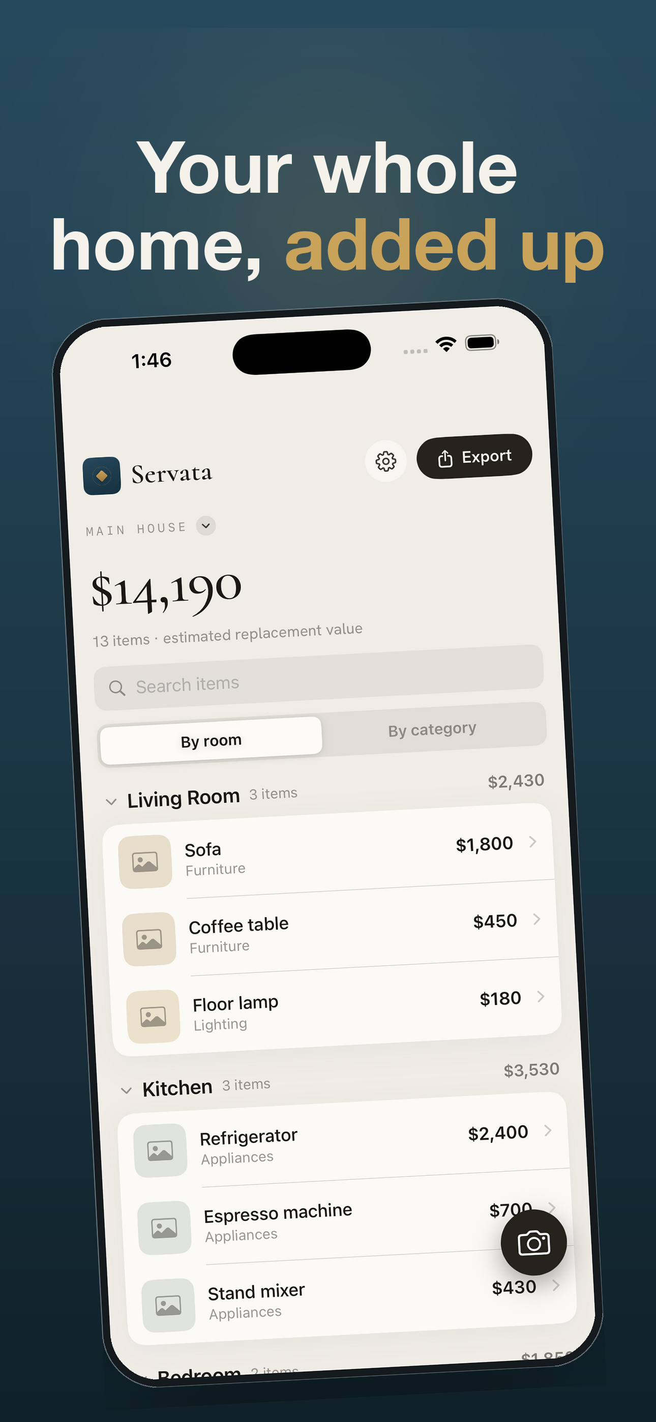 Your whole home, grouped by room with a running total