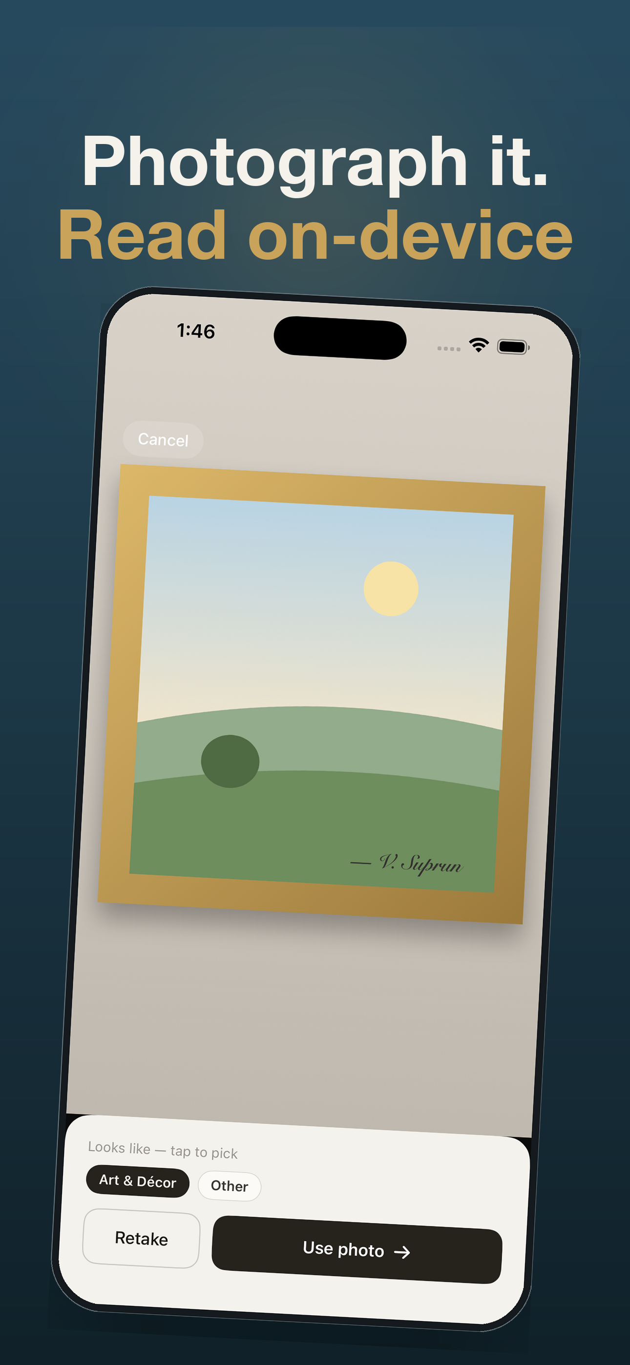 Photograph an item; Servata reads the category and serial on-device