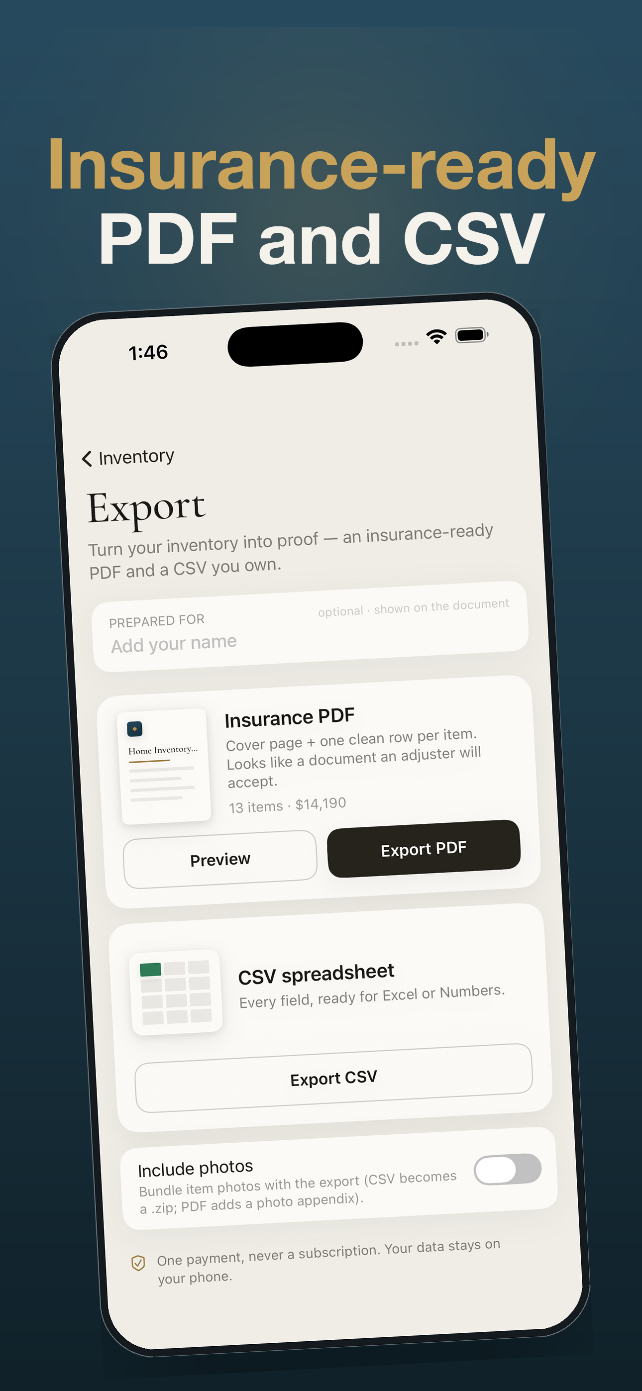 One calm, insurance-ready export — PDF and CSV