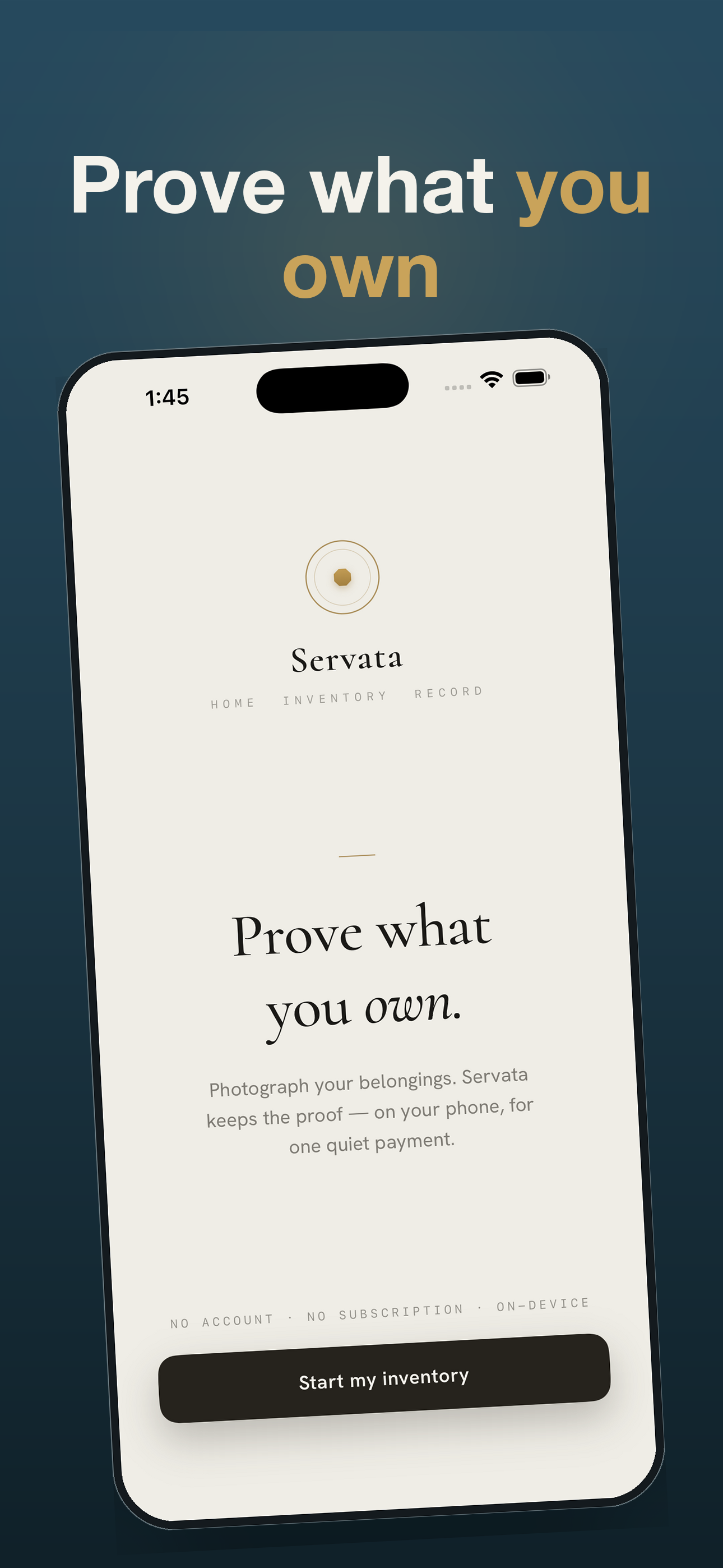 Prove what you own — the one-promise opening screen